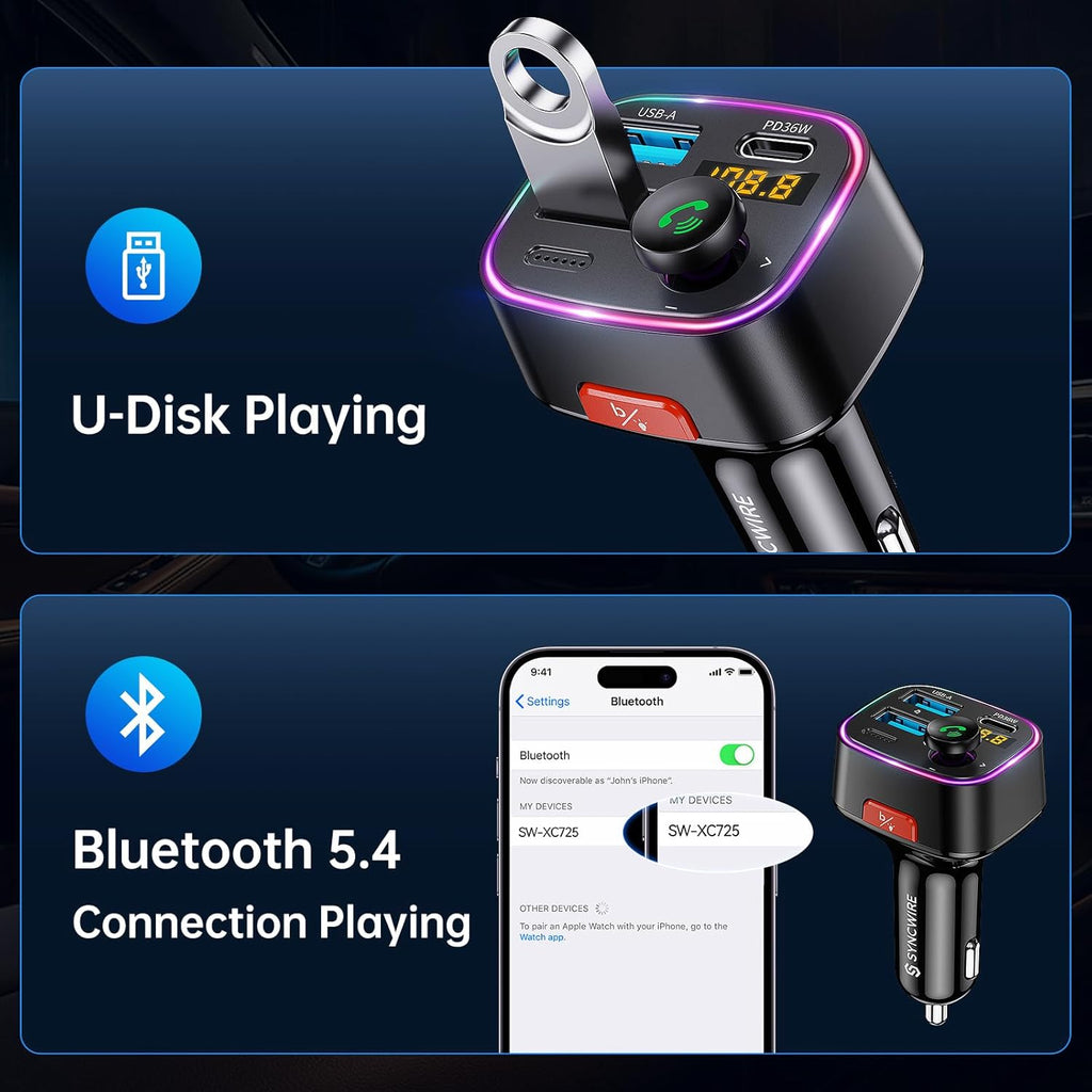 Bluetooth 5.4 Car Adapter 48W FM Transmitter for Hands Free Calls | Light Switch, Fast Charge (PD 36W & 12W), HiFi