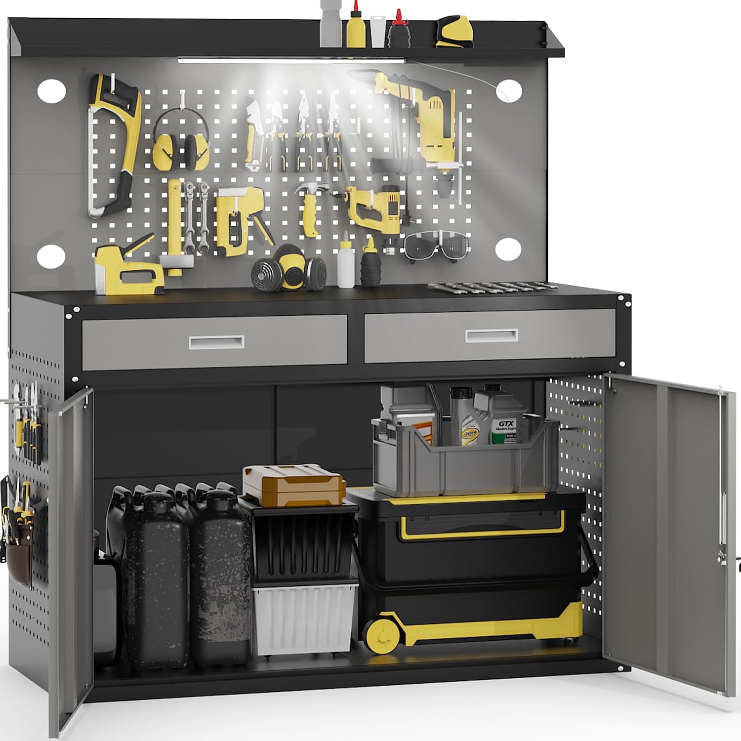 48" Heavy Duty Workbench with Drawers and Lockable Storage Cabinet- 2500 LBS Capacity Work Bench with Pegboard,Work