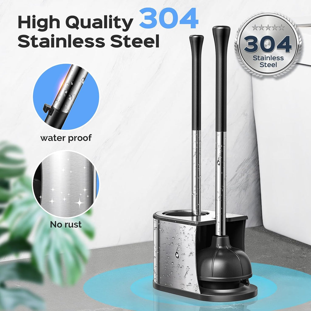 Toilet Plunger and Brush Set: 2 in 1 Stainless Steel Rustproof Combo with Deep Cleaning Curved Bristles - Heavy Duty