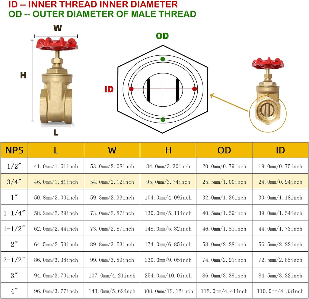 3/4" NPT Gate Valve, Heavy Duty, Brass, Female x Female Thread, DN20