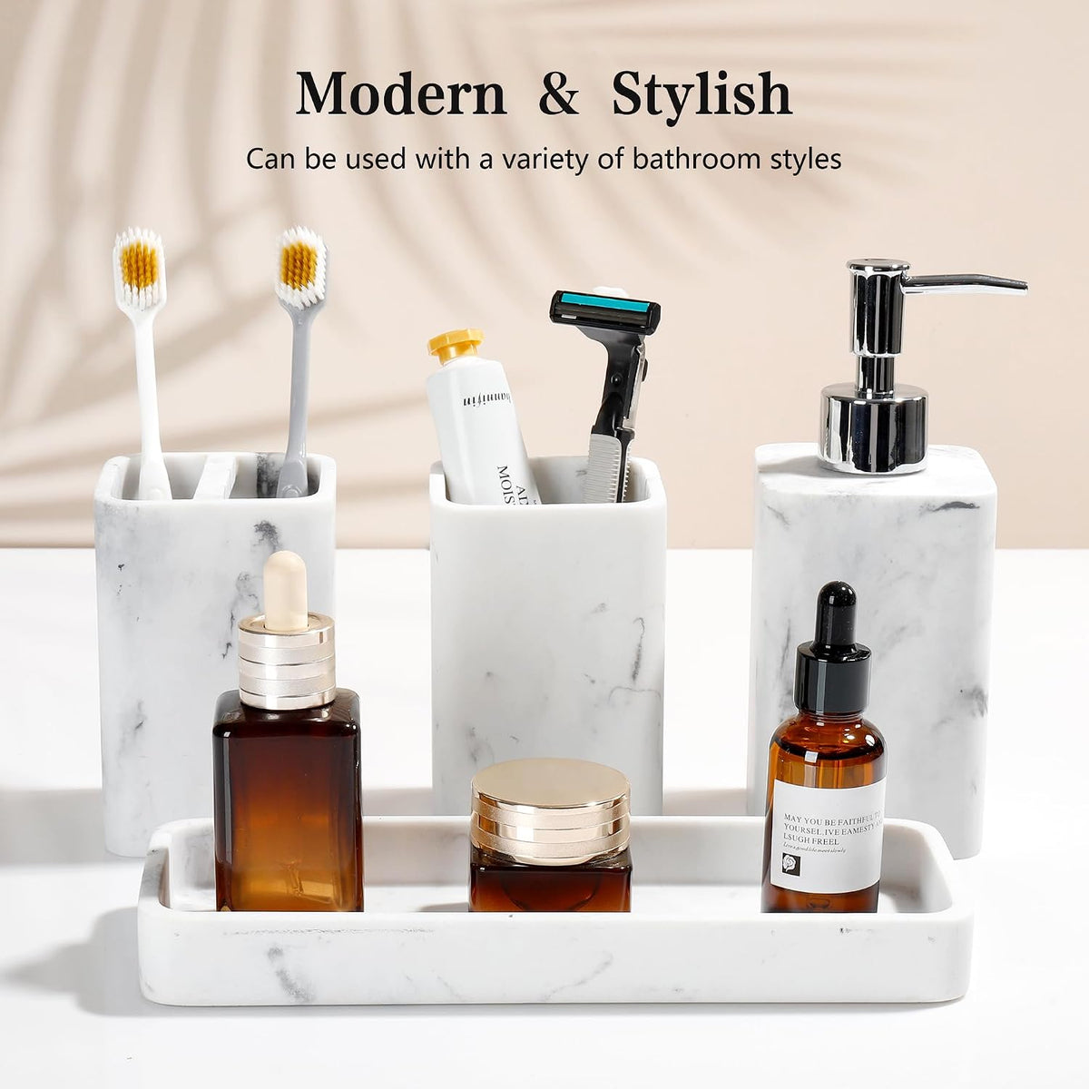 Bathroom Accessories Set, 4 Piece Toothbrush Holder Set Marble White | Bathroom Accessory Set with Soap Dispenser