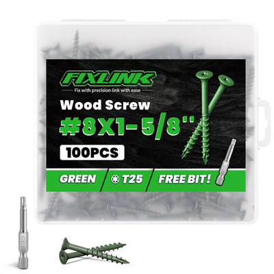 Wood Screws 1-5/8 Inch, 100PCS, #8 x 1-5/8" Deck Screws, Green