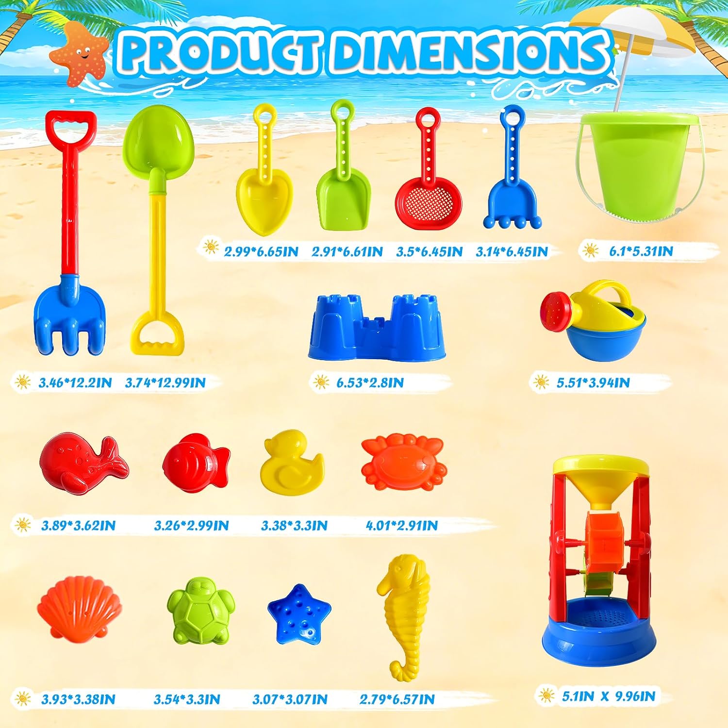 Beach Toys, 19 Piece Sand Toys Set Kids Sandbox Toys Includes Water Wheel Beach Tool Kit Bucket Watering Can Molds