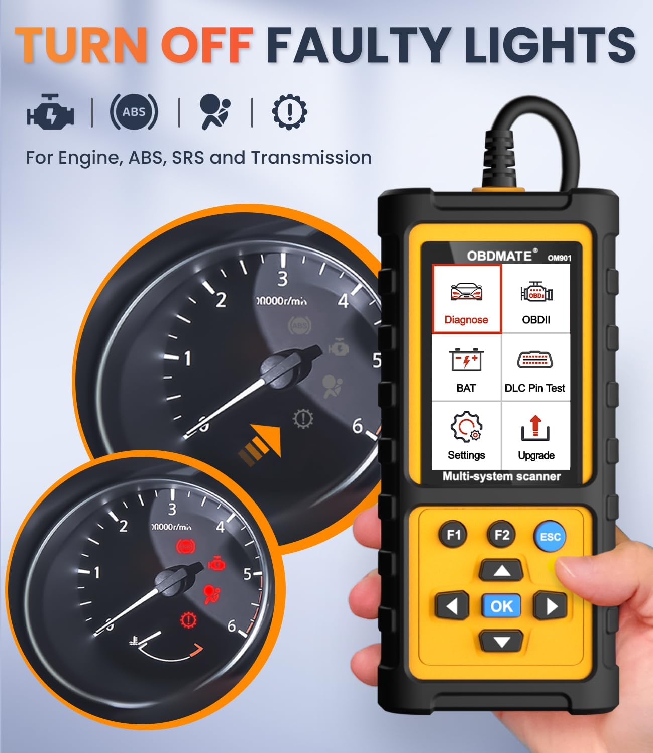 OBD2 Scanner with ABS SRS Transmission, Reset Fault Lights | Check Engine Code Reader with Full OBDII Functions | DLC