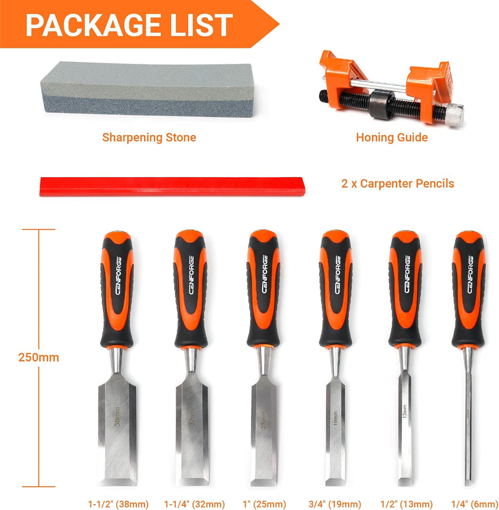 10-Piece Wood Chisel Set for Woodworking - Professional Cr-V Steel Bevel Edge Chisels (1/4" to 1-1/2") with Honing
