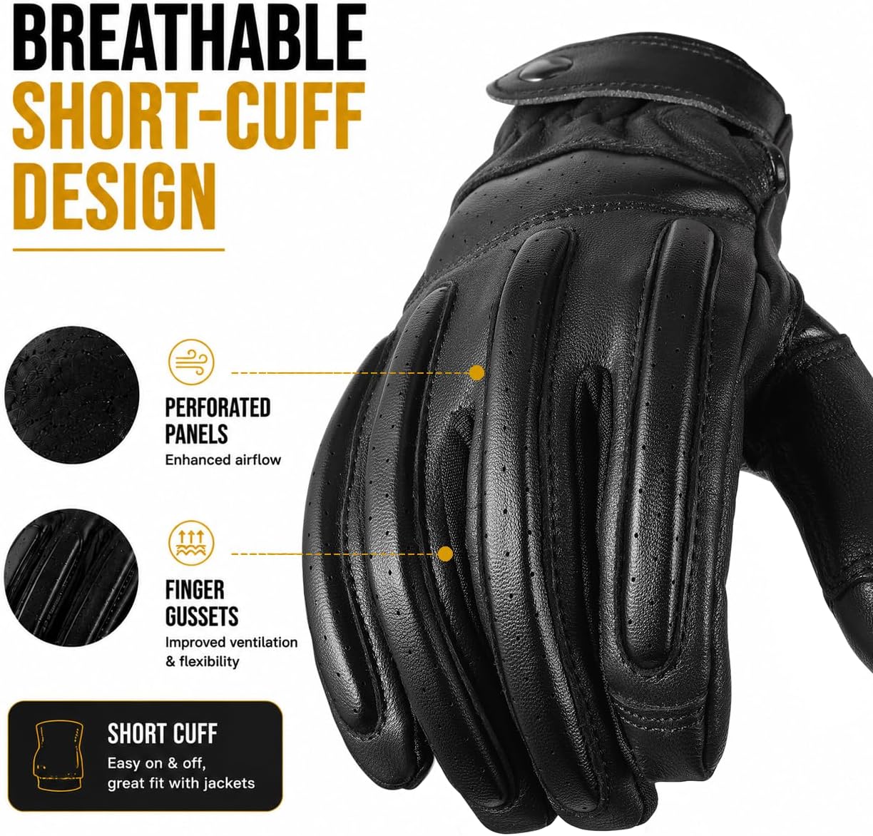 Leather Motorcycle Gloves for Men，Goatskin Riding Touchscreen | Perforated Breathable Summer Gloves for