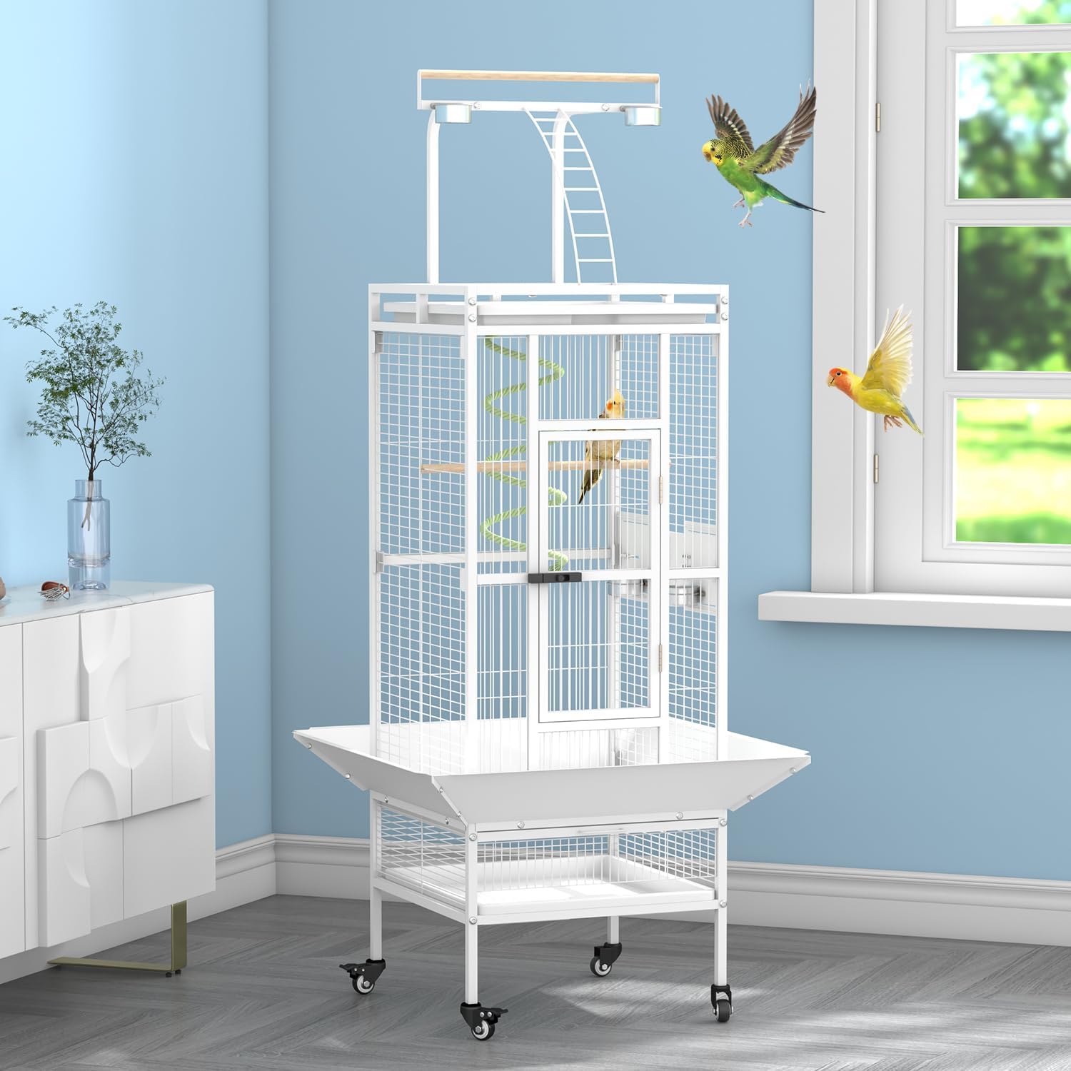 61 Inch Wrought Iron Large Bird Cage with Rolling Stand, Heavy-Duty Parakeet Cage with Pull-Out Tray and Wheels