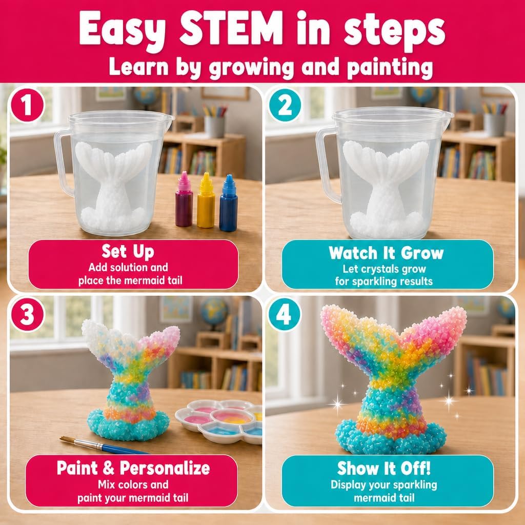 Crystal Growing Kit for Kids Ages 6-8, Mermaid STEM Science Craft Toy | Grow and Paint Mermaid Tail, Science