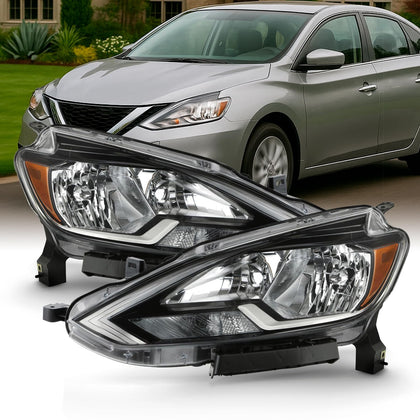 Fits 2016 2017 2018 2019 Sentra [Halogen Type] Headlights w/Chrome bezel Pair Headlamps Driver Left + Passenger Right