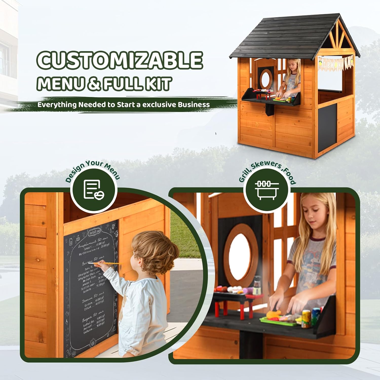 Kids Outdoor Playhouse with Snack Bar, Chalkboard & Lemon Banner, Toddler Outdoor Toys for Backyard Garden Indoor