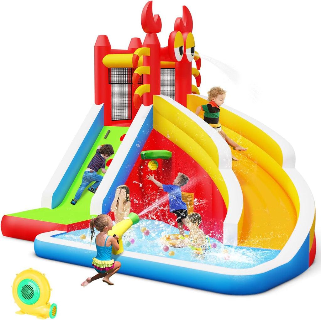 Inflatable Water Slide,Big Bounce House for Kids with Splash Pool,Climbing Wall,Basketball Hoop,Water Gun for