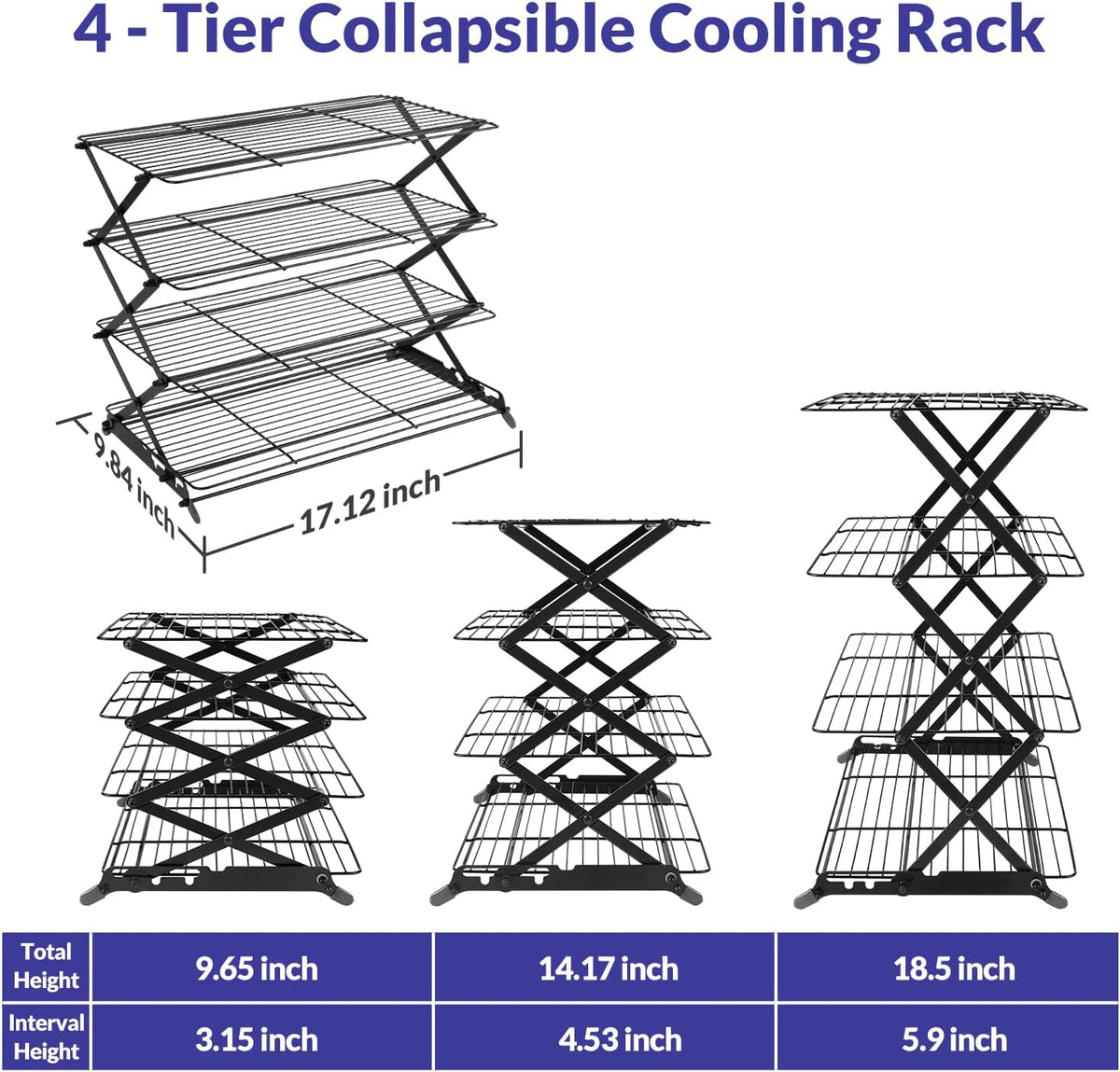 2/3/4-Tier Upgraded Collapsible Cooling Rack with Adjustable 3 Setting Design Stackable Roasting Cooking Drying Wire