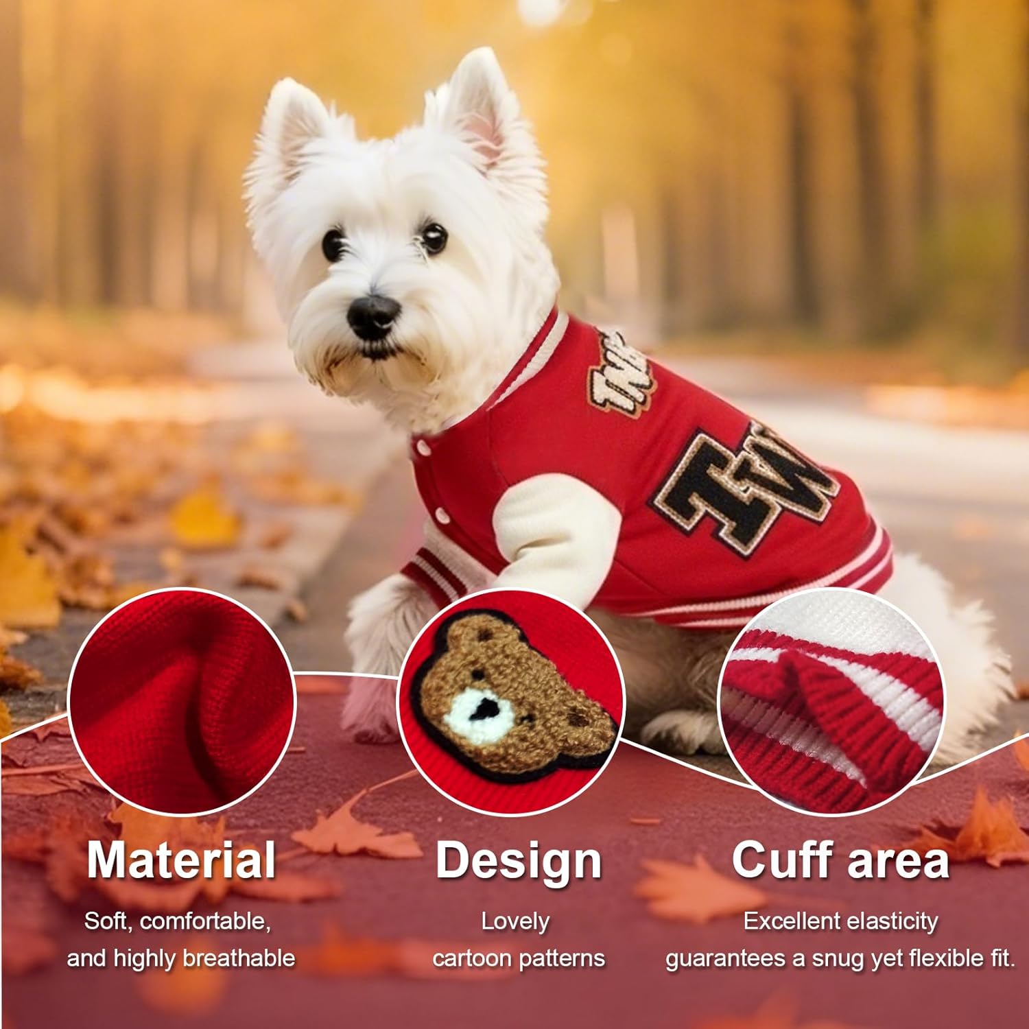 Dog Varsity Sweaters for Medium Dogs, Brushed Fleece Dog Sweater Baseball Jacket Pet Clothes with Bear Embroidery