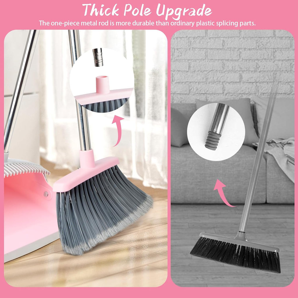Broom and Dustpan Combo Set, Long Handle and Standing Dust Pan with Comb Teeth, Efficient Floor Cleaning for Kitchen