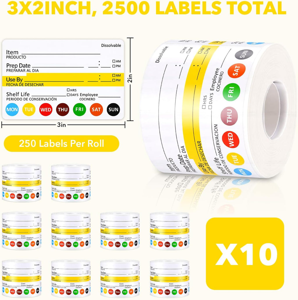10 Rolls 2500 Pcs Restaurant Quality Shelf Life Food Rotation Labels Vinyl 2” x 3” Self-Adhesive Removable Freezer