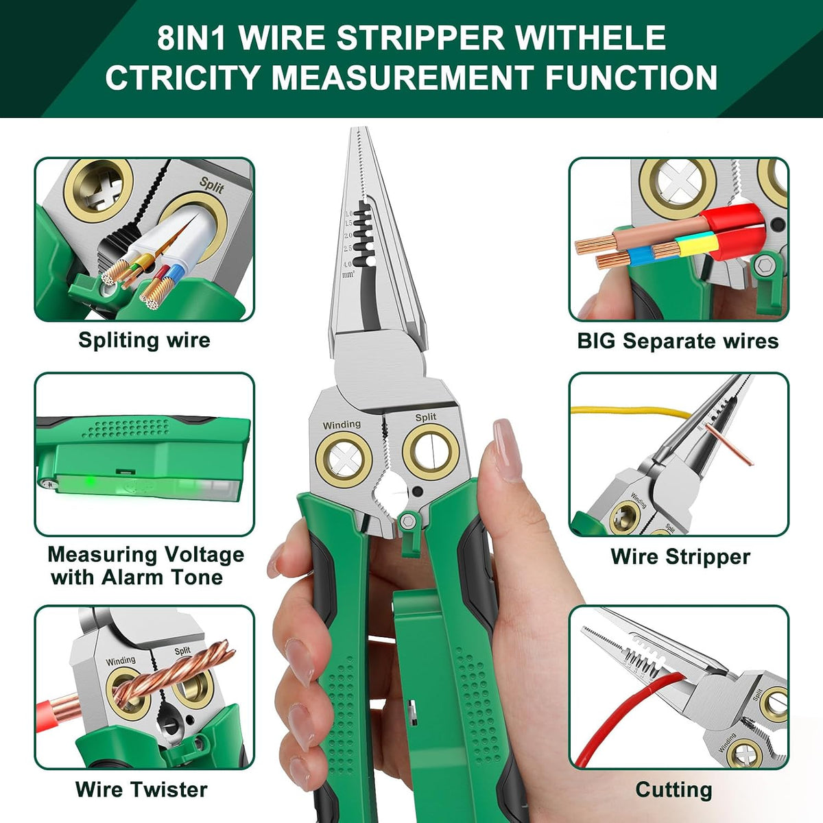 Pro 8-in-1 Wire Stripper/Cutter with Voltage Tester & Dual Alarms - Heavy Duty 12-250V AC/DC Electrical Tester for