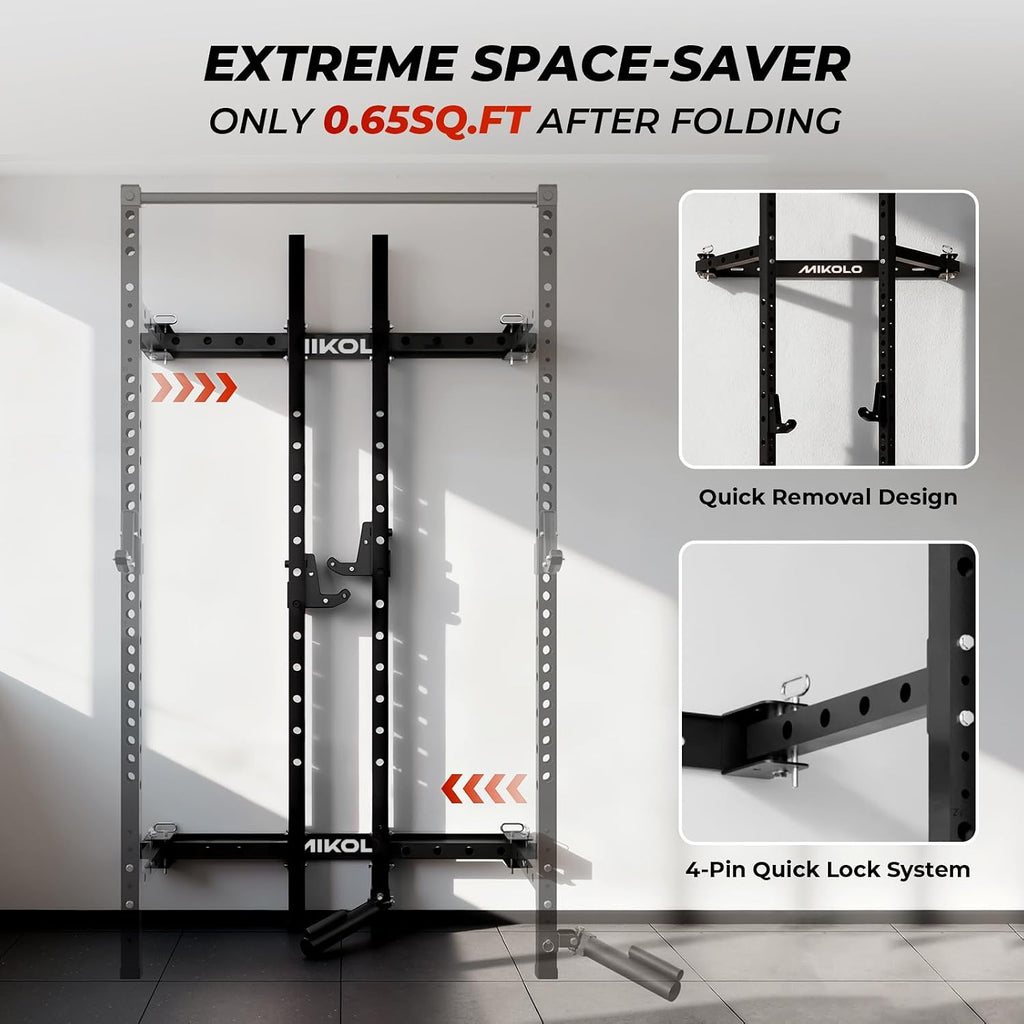 2" x 2" Folding Wall Mounted Squat Rack, 1000 Pounds Capacity Power Rack with Pull Up Bar, J Hooks and Other