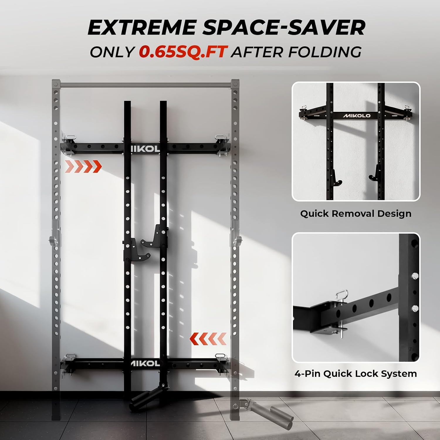 2" x 2" Folding Wall Mounted Squat Rack, 1000 Pounds Capacity Power Rack with Pull Up Bar, J Hooks and Other