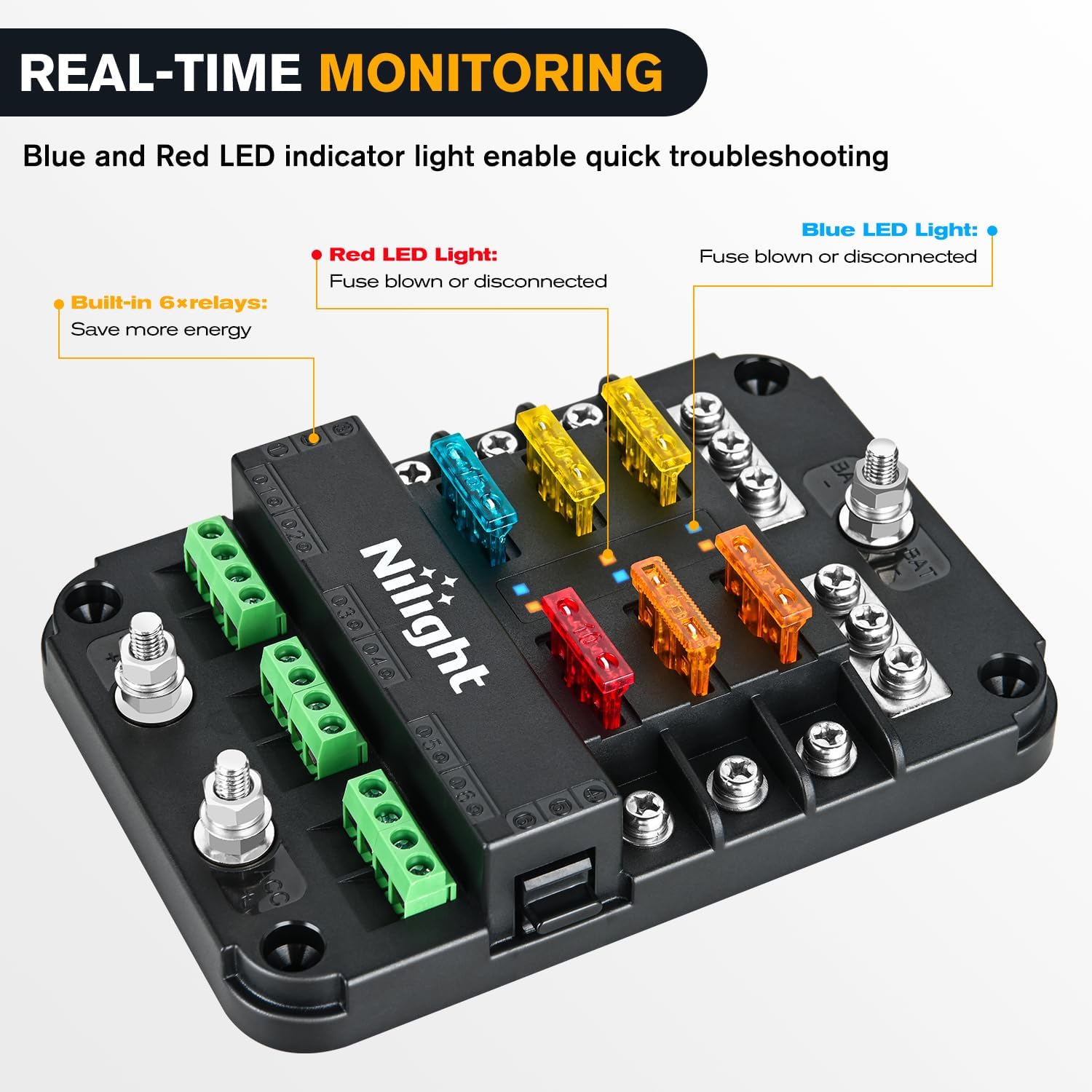 6 Way Fuse Relay Block with Acc Control Negative Bus 12V Blade Holder ATC/ATO Box Label Stickers Waterproof Cover