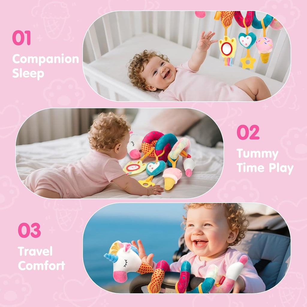 Car Seat Toys for Babies 0-6 Months Girl - Baby Toys 3-6 Months - Rattle, Mirror, Crinkle, Squeaky Carseat Stroller