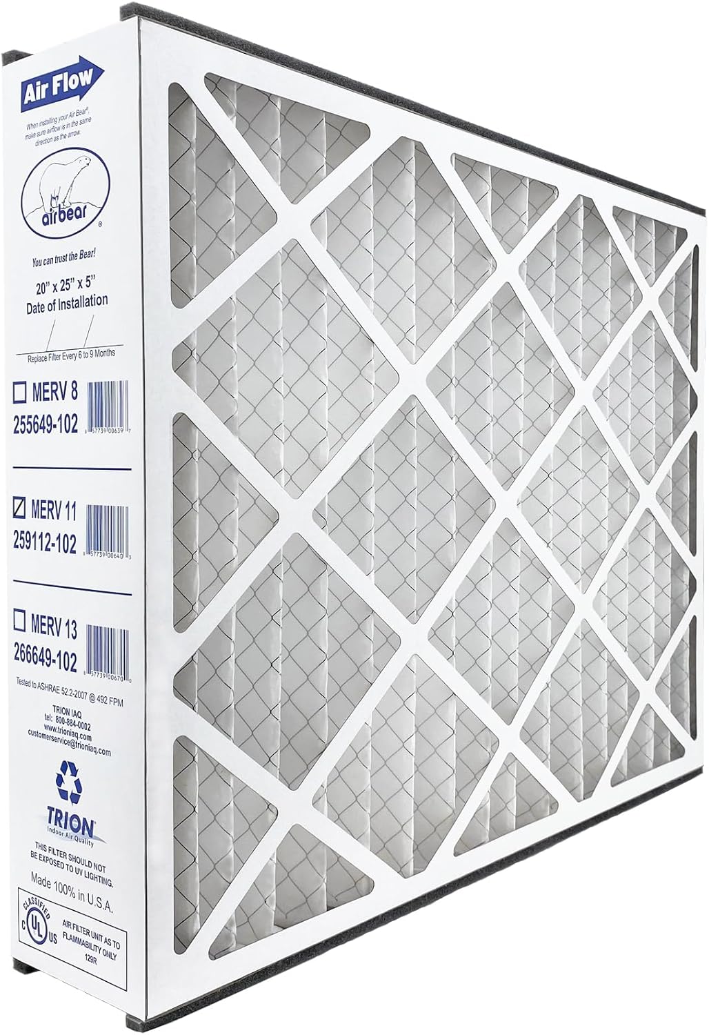 Air Bear 20x25x5 Air Filter MERV 11 (2-Pack) Pleated HVAC Air Filter Replacement (Actual Size: 19.75 x 24.25 x 4.9