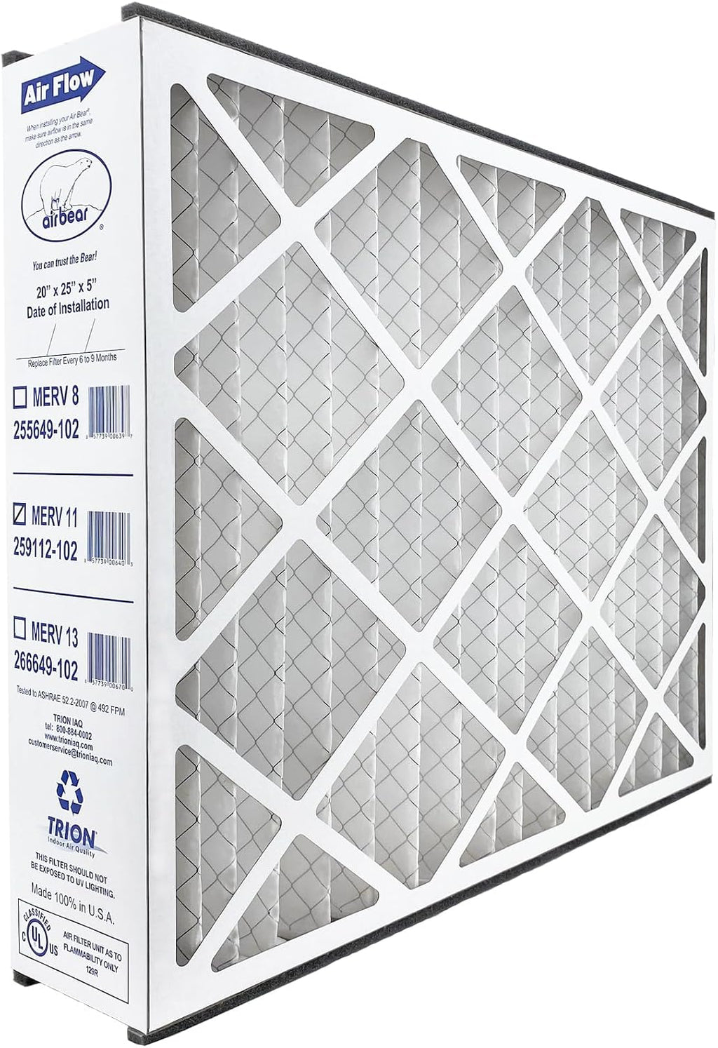 20x25x5 Air Bear Pleated HVAC Air Filter MERV 11 (4-Pack) (Actual Size: 19.75 x 24.25 x 4.9 Inches) compatible with