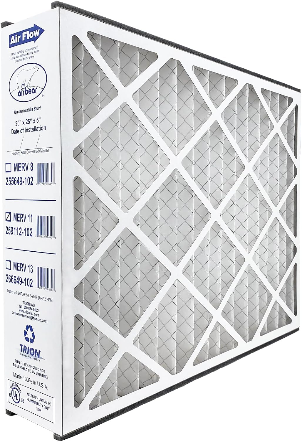 20x25x5 Air Bear Pleated HVAC Air Filter MERV 11 (4-Pack) (Actual Size: 19.75 x 24.25 x 4.9 Inches) compatible with