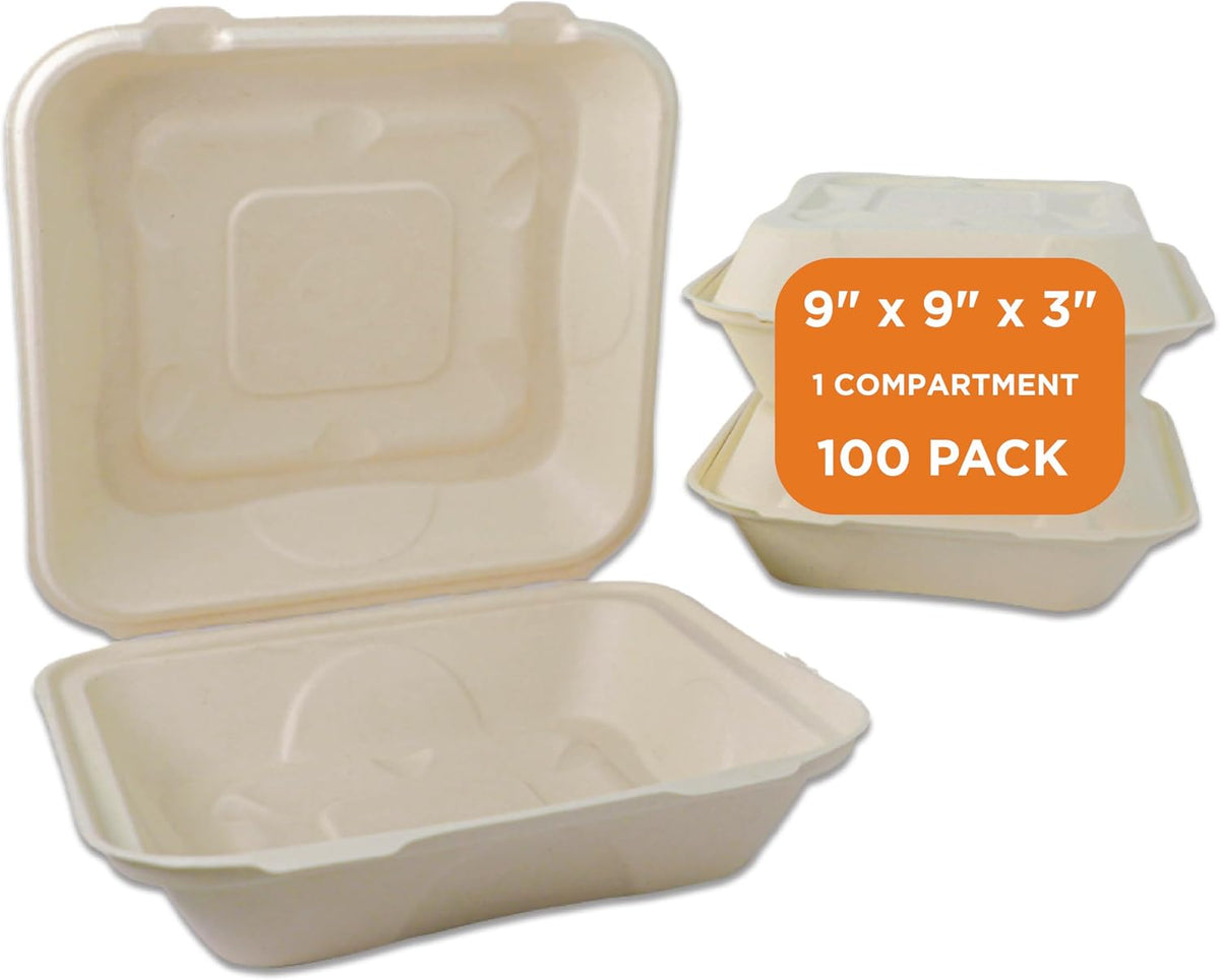 Compostable Clamshell Containers, 9x9x3 (Pack of 100)