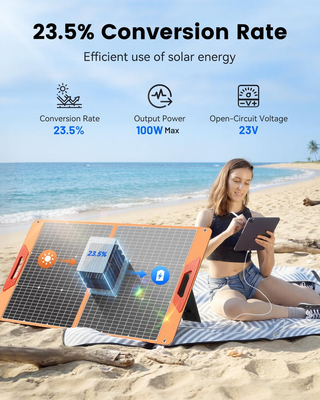 100W Portable Solar Panel for Power Station, 23.5% High Efficiency Foldable Solar Charger with DC/XT60/Anderson