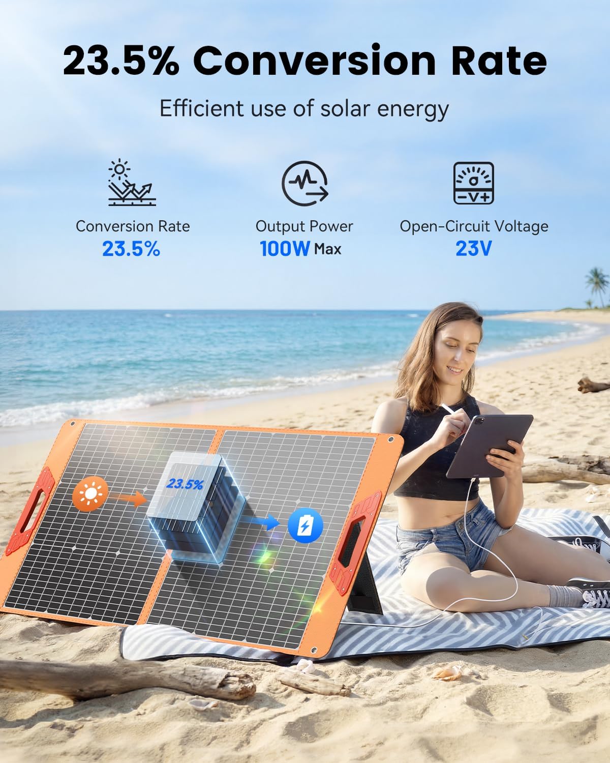 100W Portable Solar Panel for Power Station, 23.5% High Efficiency Foldable Solar Charger with DC/XT60/Anderson