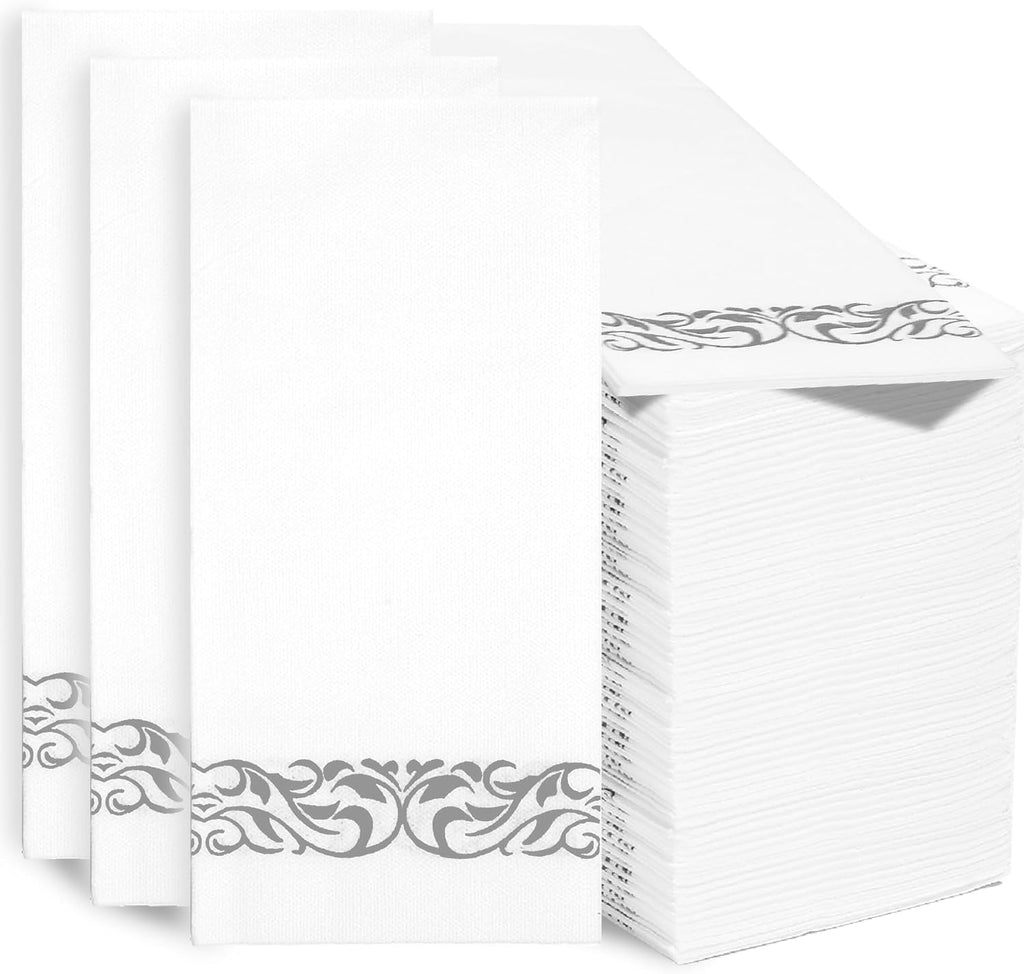 200 Pack Premium Guest Towels with Silver Trim, Linen Feel Napkins