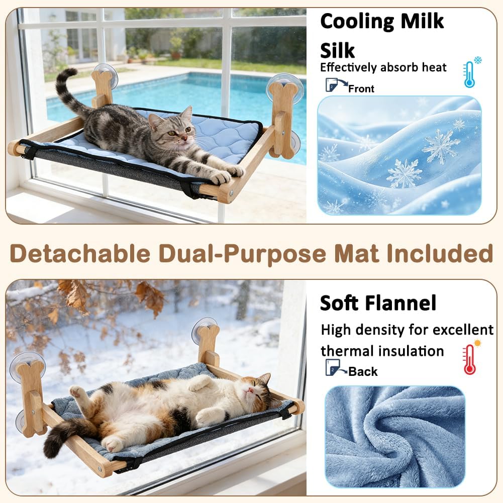 Cat Window Perch, Cooling Window Cat Bed with Reversible Ice Silk Mat, Foldable Pet Perch Hammock with Sturdy Wooden