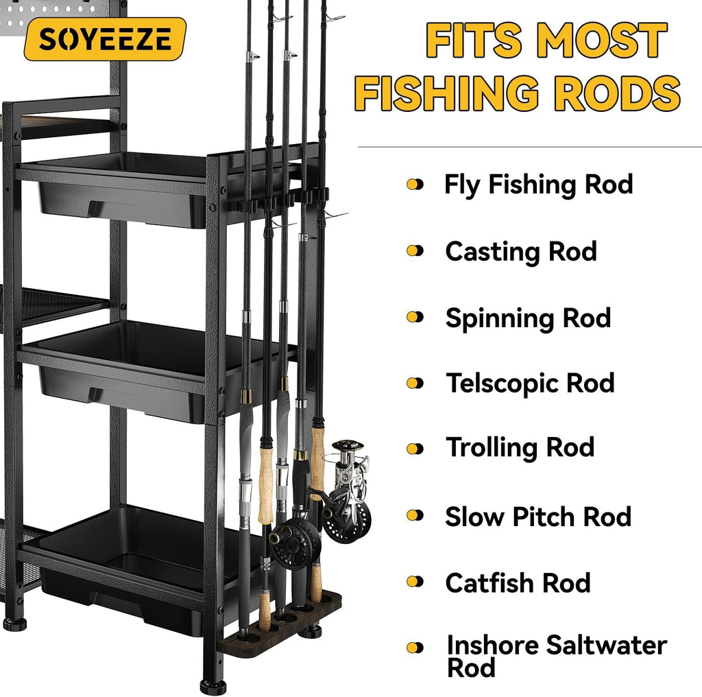 Fishing Rod Holders for Garage, 3 Storage Boxes for Reels & Fishing Accessories, 10 Rod Capacity Fishing Pole Holder