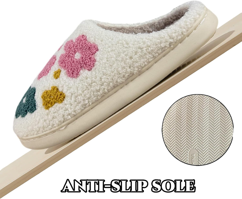 Retro Fuzzy Happy Face Slippers for Women Men, Cozy House Shoes