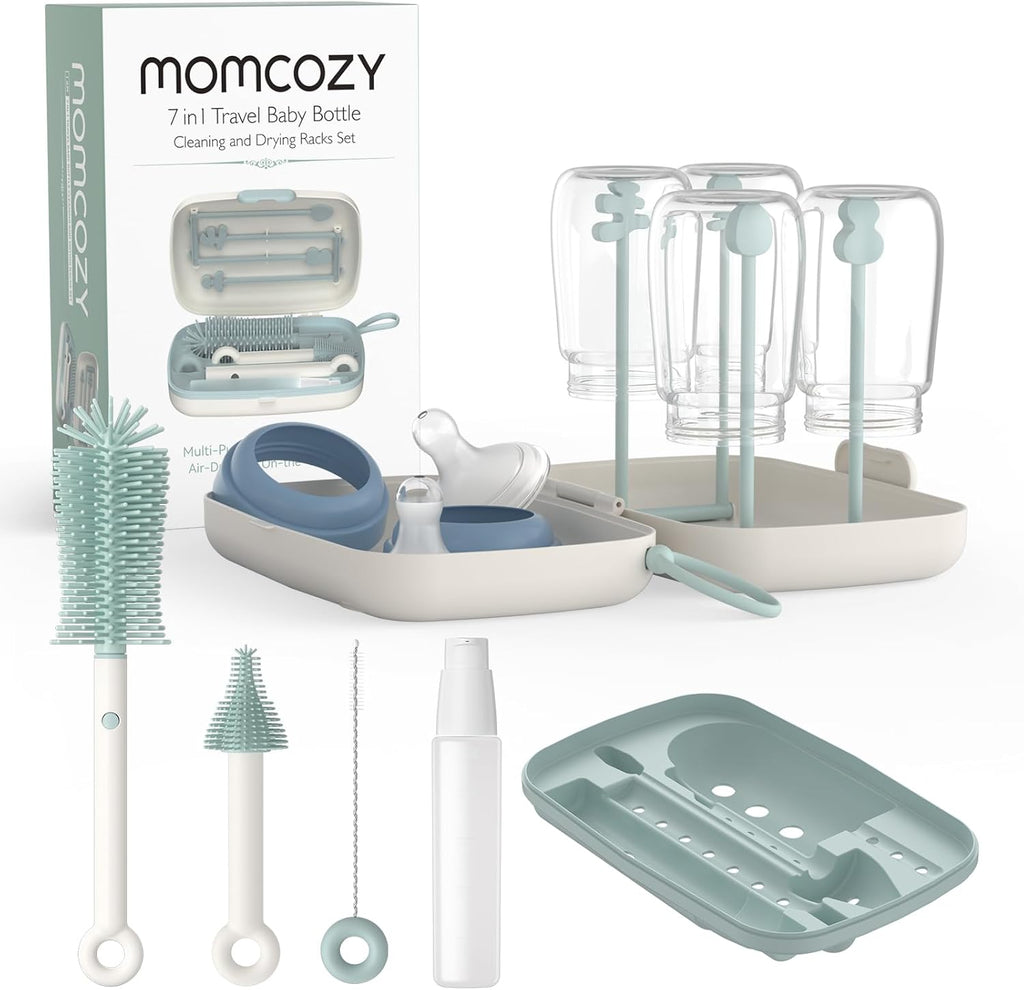 Bottle Brush Set - Baby Bottle Cleaner Kit with Silicone Brush, Nipple Brush, Straw Brush, Soap Dispenser, Drying