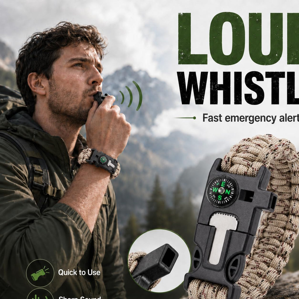 Sports Whistle, 6-in-1 Survival Whistle with Compass & Fire Starter | ABS Plastic & Paracord, Compact Wristband