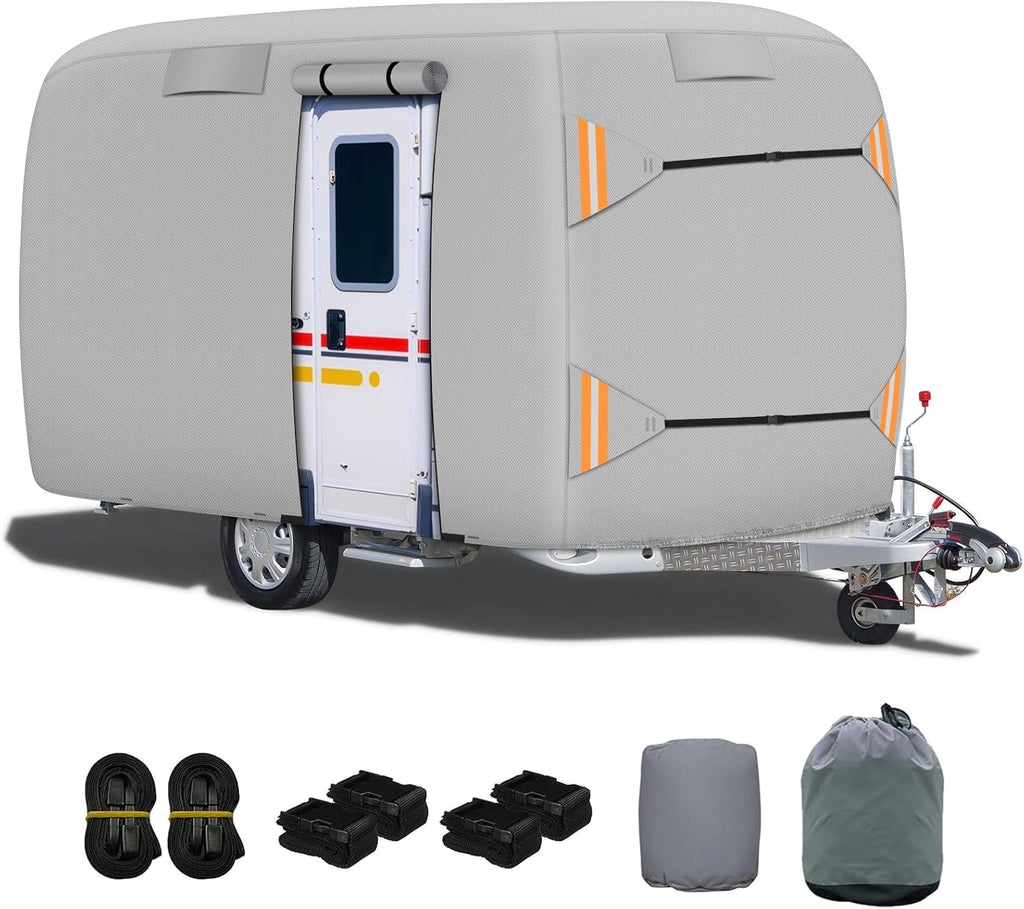 Upgraded Durable Waterproof Fiberglass Travel Trailer Cover, Heavy Duty Ripstop Fiberglass Trailer RV Cover, Anti-UV