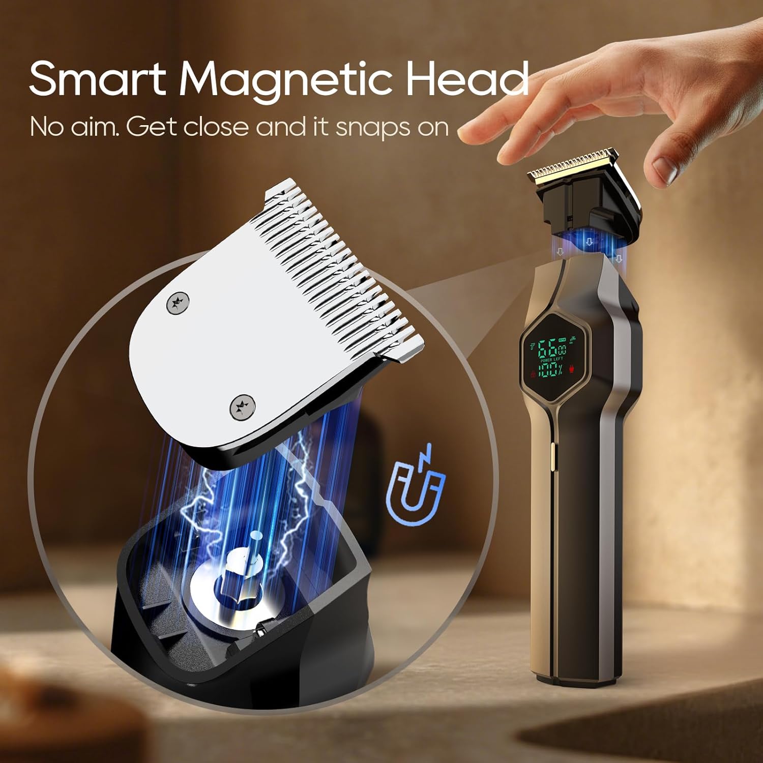 Beard Trimmer for Men, Magnetic Snap-on Replacement Heads & Charging Dock, IPX7 Waterproof Cordless Hair Clippers