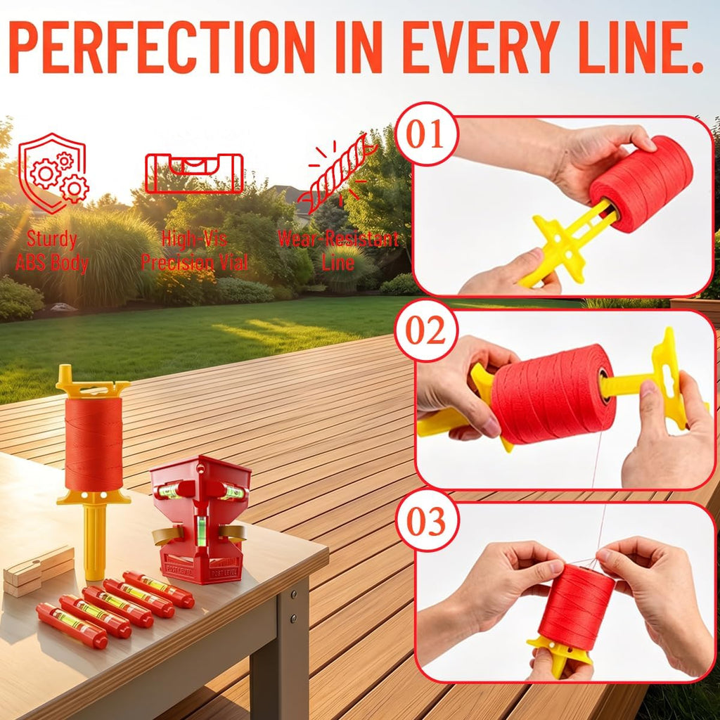 Post Level String Line Kit for masonry & fence post leveling | Includes post & pipe level with rubber strap,5 line