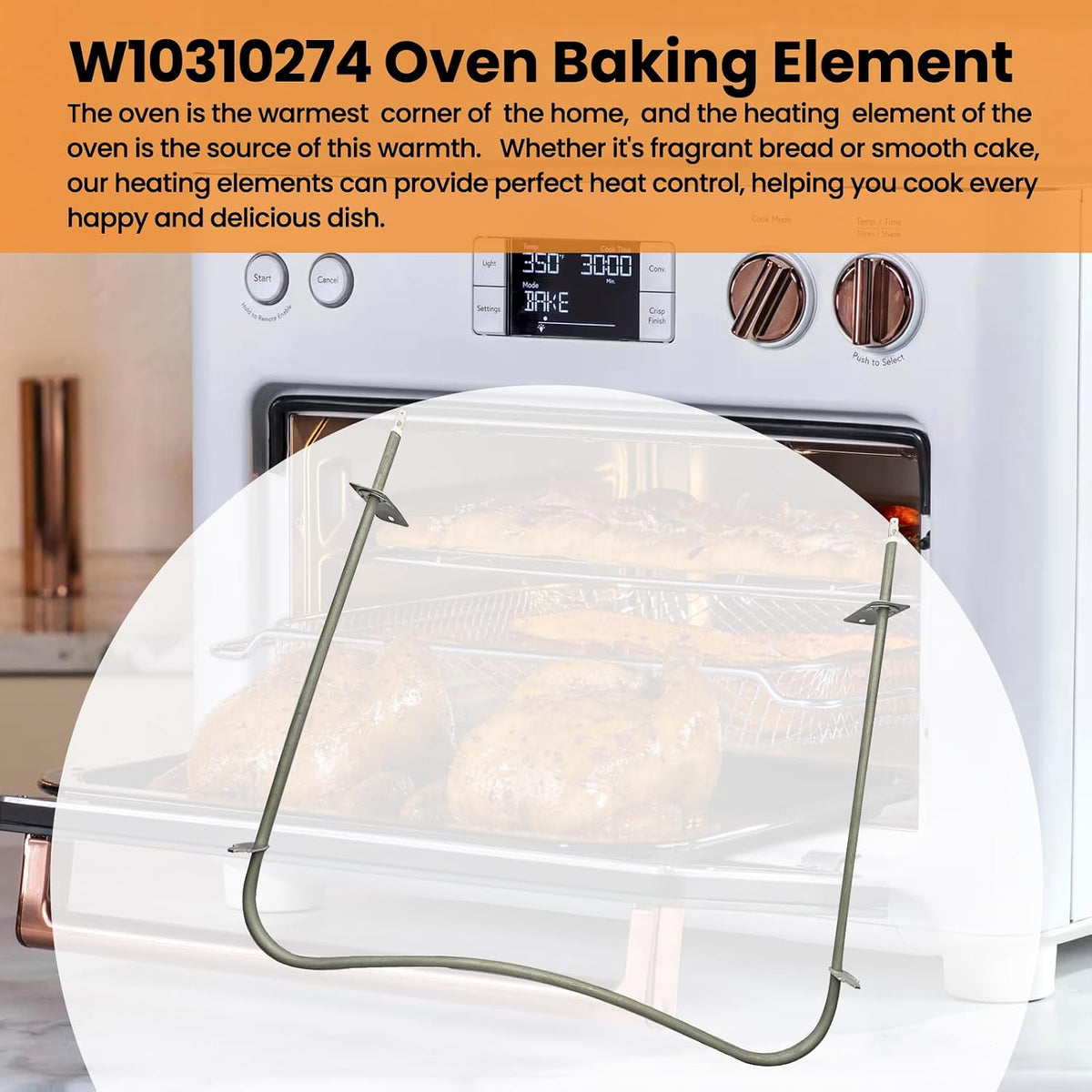W10310274 Bake Heating Element Compatible With Jenn-Air 30" Electric Slide-In Range. Replacement 1863288 AP6019234 PS11752540 EAP11752540 74010883