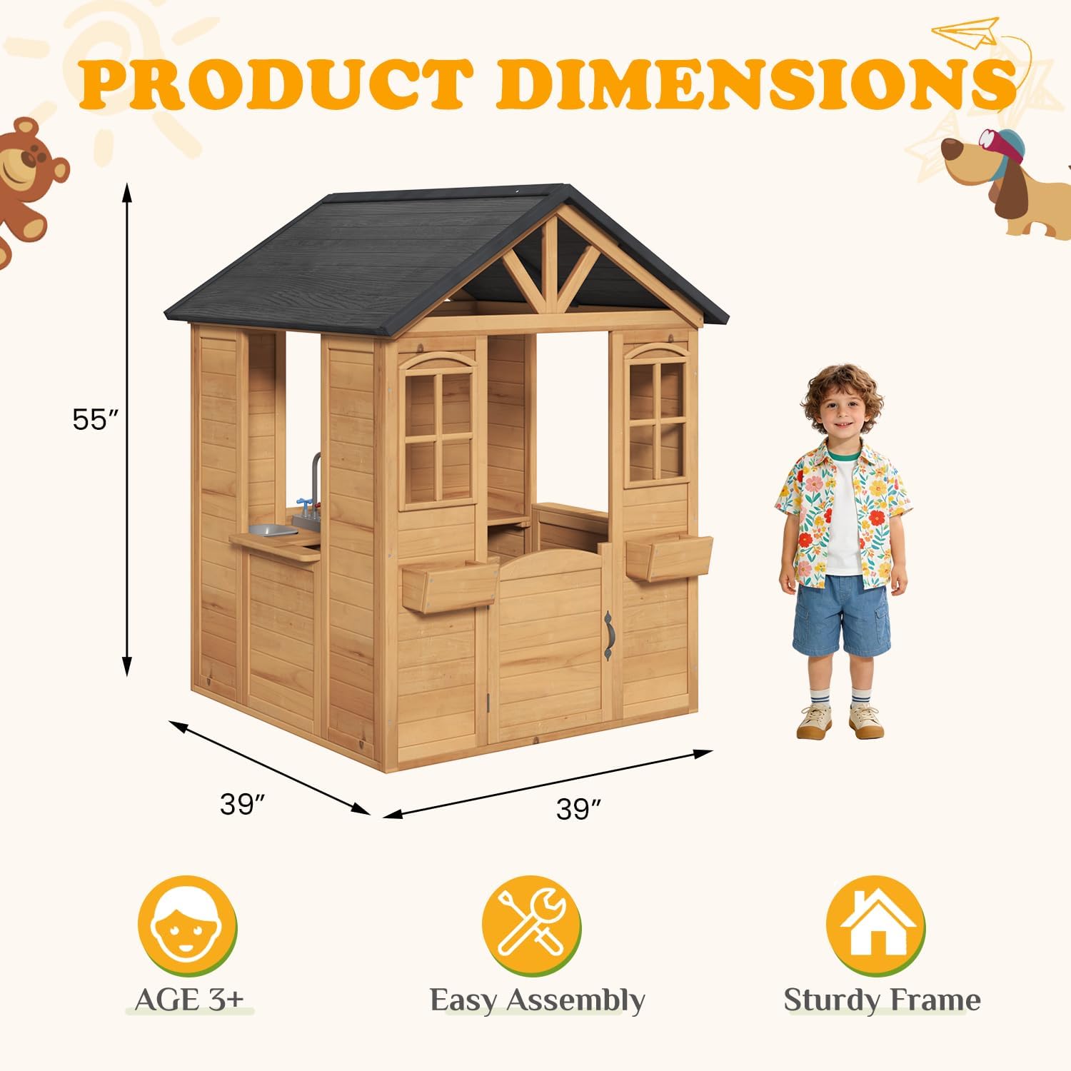 All Spruce Outdoor Kids Playhouse, Toddler Wooden Playhouse for Kids Ages 3-8, with Sink, Stove, Flower Pot Holders