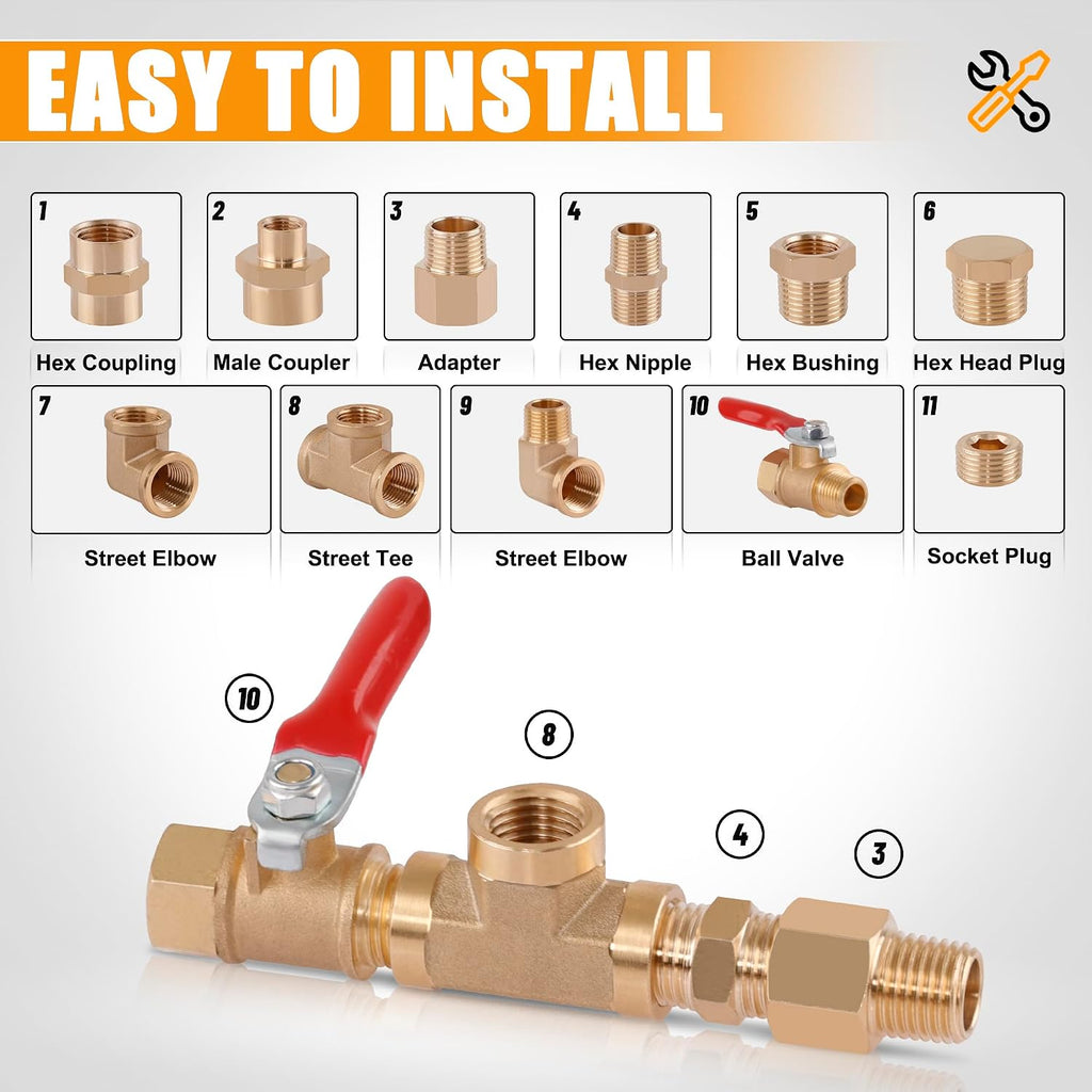 105PCS Brass Pipe Fittings Assortment Kit,1/8" 1/4" 3/8" 1/2" NPT