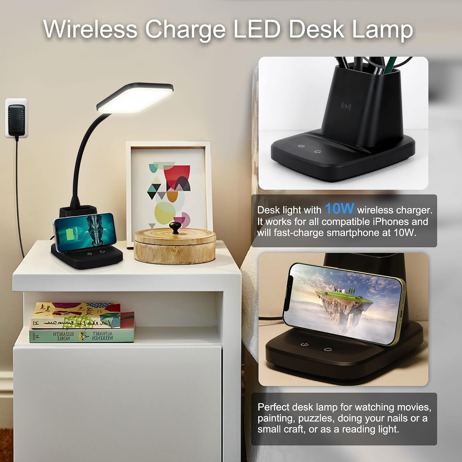 LED Desk Lamp with 10W Wireless Charging & Pen Holder, Black | CRI 95, 800LM, Stepless Dimming, 3 Modes, 360°Flexible
