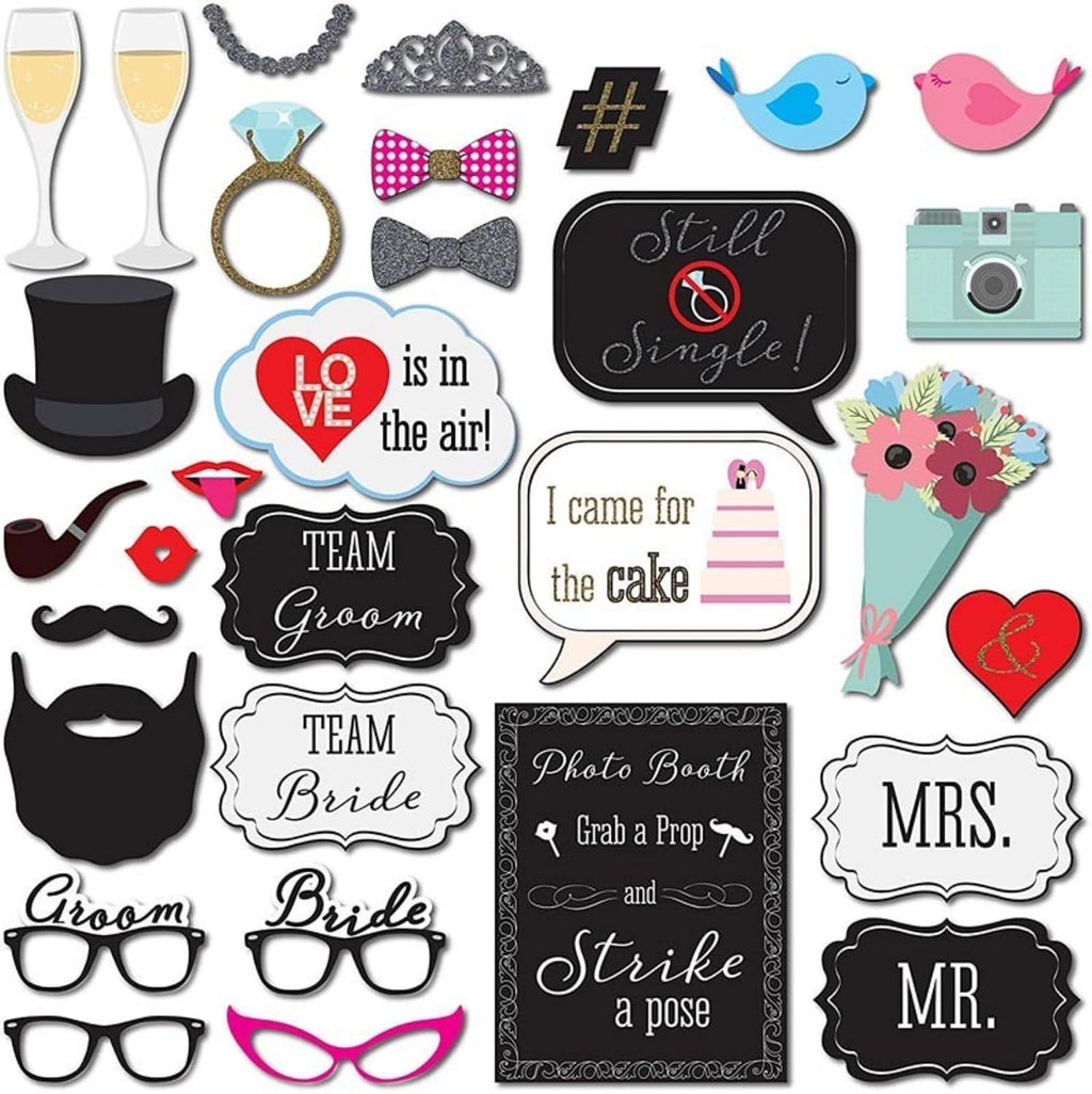 Wedding Photobooth Props Kit, Engagement Photo Booth Accessories with Wooden Dowels for Bridal Shower Wedding Favour