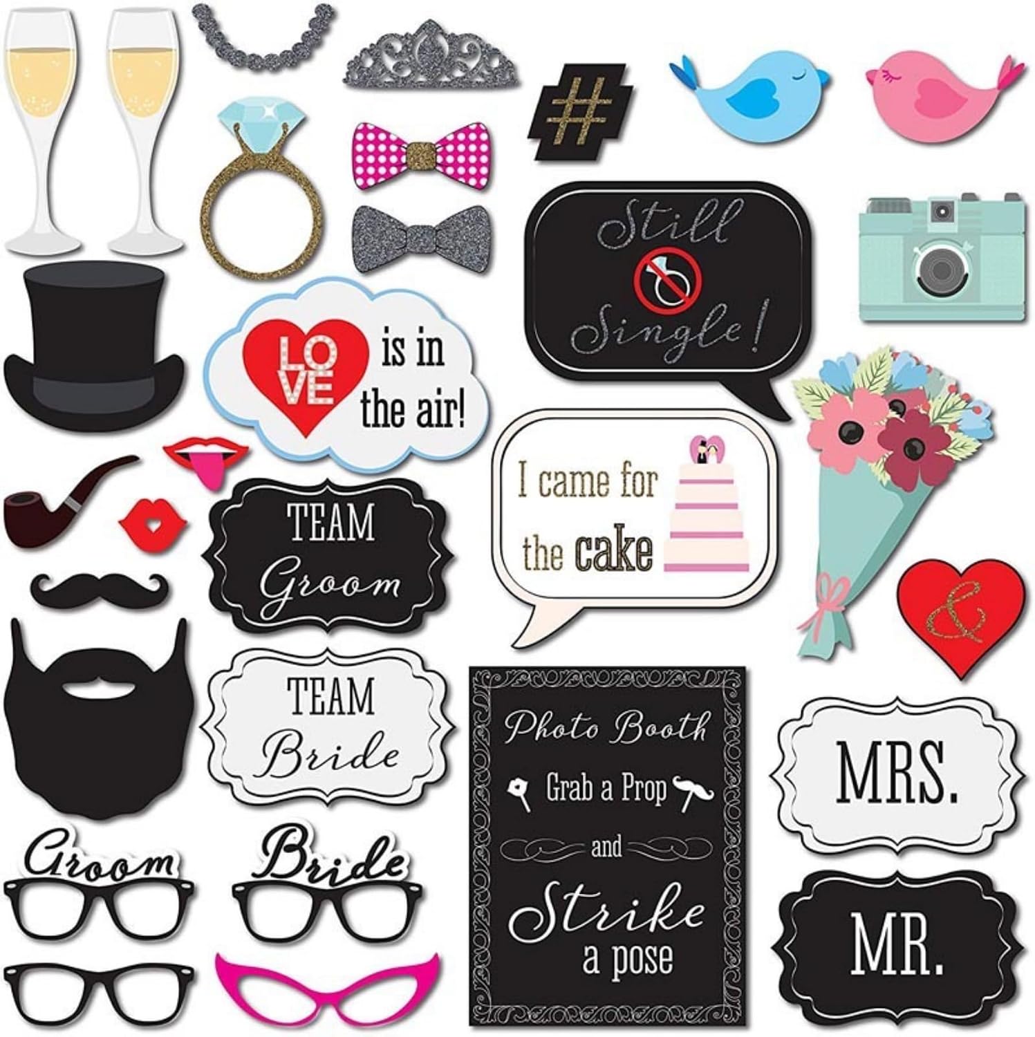 Wedding Photobooth Props Kit, Engagement Photo Booth Accessories with Wooden Dowels for Bridal Shower Wedding Favour