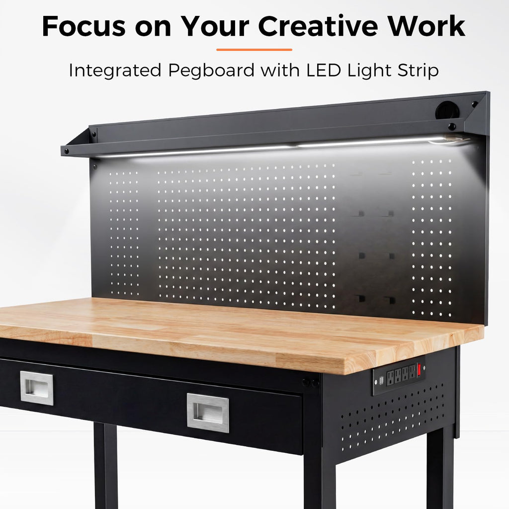 60" Adjustable Work Bench with Drawers, Workbench for Garage with Strip Light, Work Table with Large Pegboard, 2000