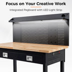 60" Adjustable Work Bench with Drawers, Workbench for Garage with Strip Light, Work Table with Large Pegboard, 2000