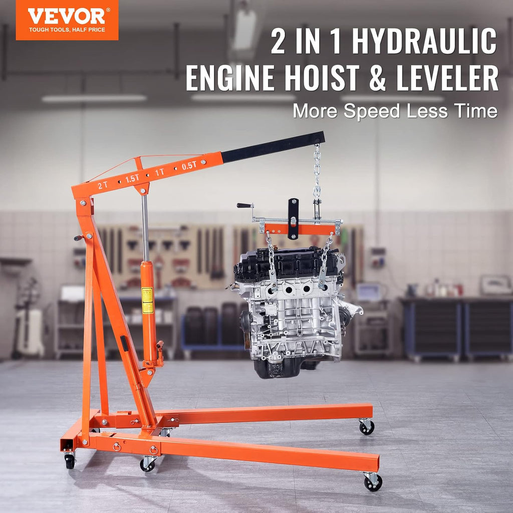 Hydraulic Engine Hoist with Lever, 2 Ton/4400 LBS Heavy-Duty Cherry Picker Shop Crane, Foldable Engine Crane and