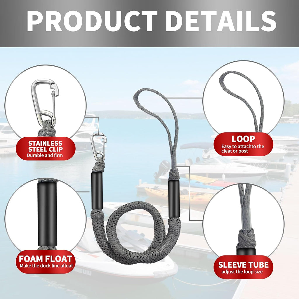 Bungee Dock Line with Stainless Steel Clip – Boat Dock Rope with Foam Float for Kayak, Canoe, Pontoon, Watercraft