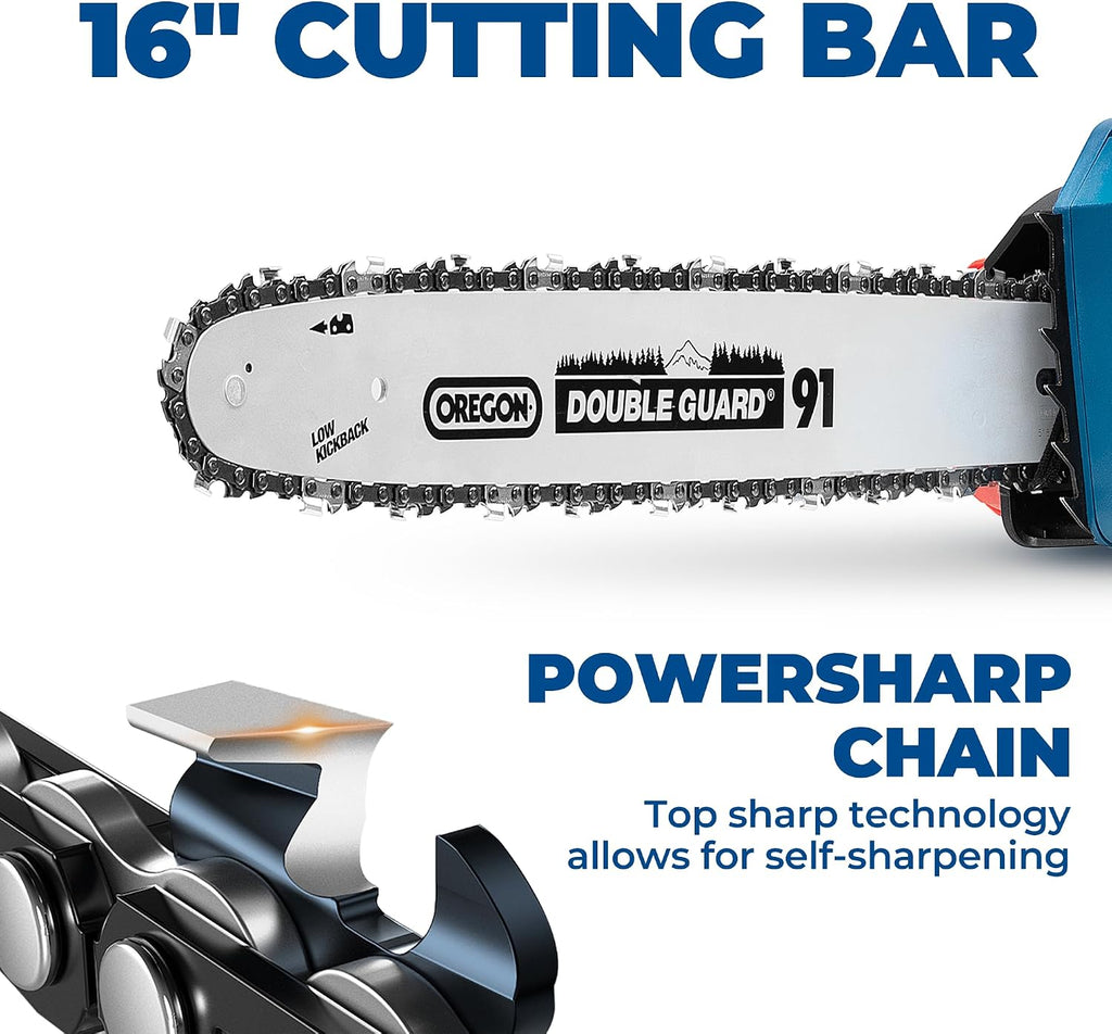 DongCheng 40V 16-Inch Brushless Cordless Chainsaw with 2x4.0Ah Batteries, Gas-Like Power for Tree Felling, Storm